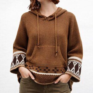 Earthbound Baja Style Hoodie Sweater Brown Knit Boho Size S